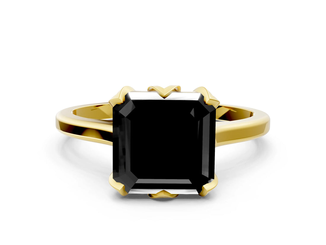 Yellow gold Fancy Black Asscher Cut Diamond Solitaire Ring with Flower Prong Setting and Classic Band_36