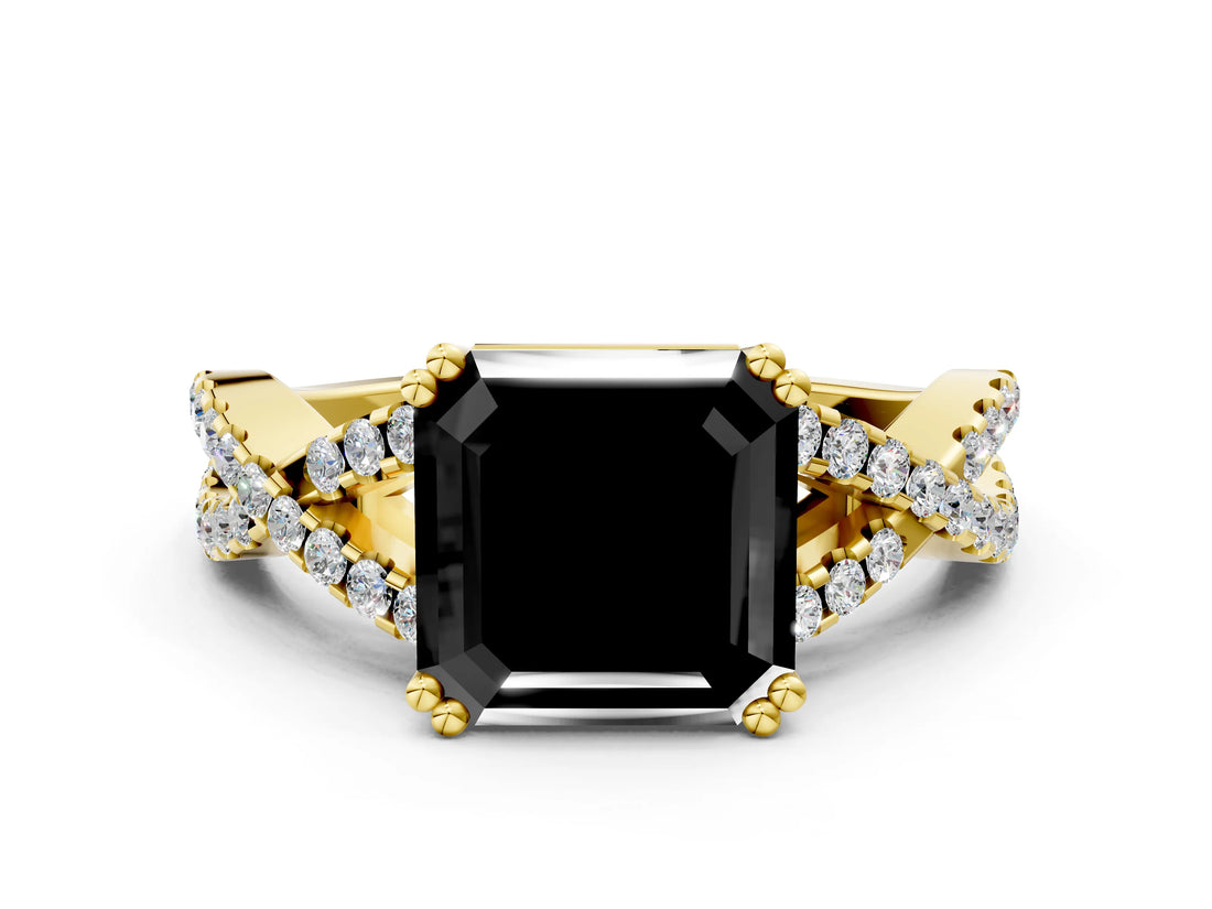 Yellow gold Fancy Black Asscher Cut Diamond Solitaire Ring with Four-Prong Setting and Twisted Pavé Band