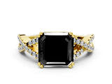 Yellow gold Fancy Black Asscher Cut Diamond Solitaire Ring with Four-Prong Setting and Twisted Pavé Band