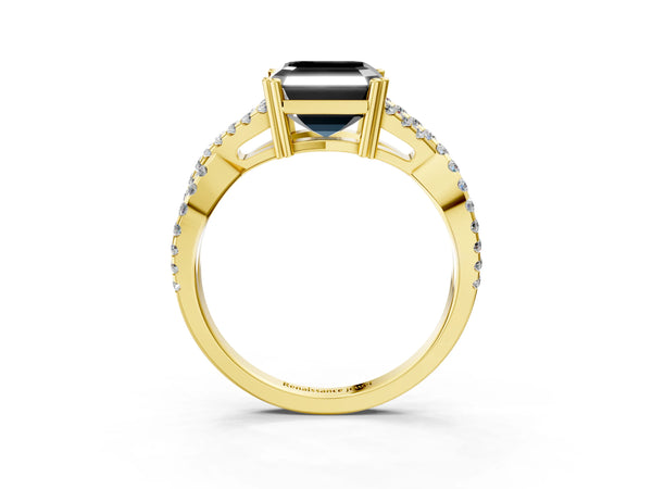 Yellow gold Fancy Black Asscher Cut Diamond Solitaire Ring with Four-Prong Setting and Twisted Pavé Band