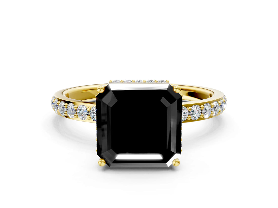 Yellow gold Fancy Black Asscher Cut Diamond Solitaire Ring with Pavé Band and Hidden Halo_12
