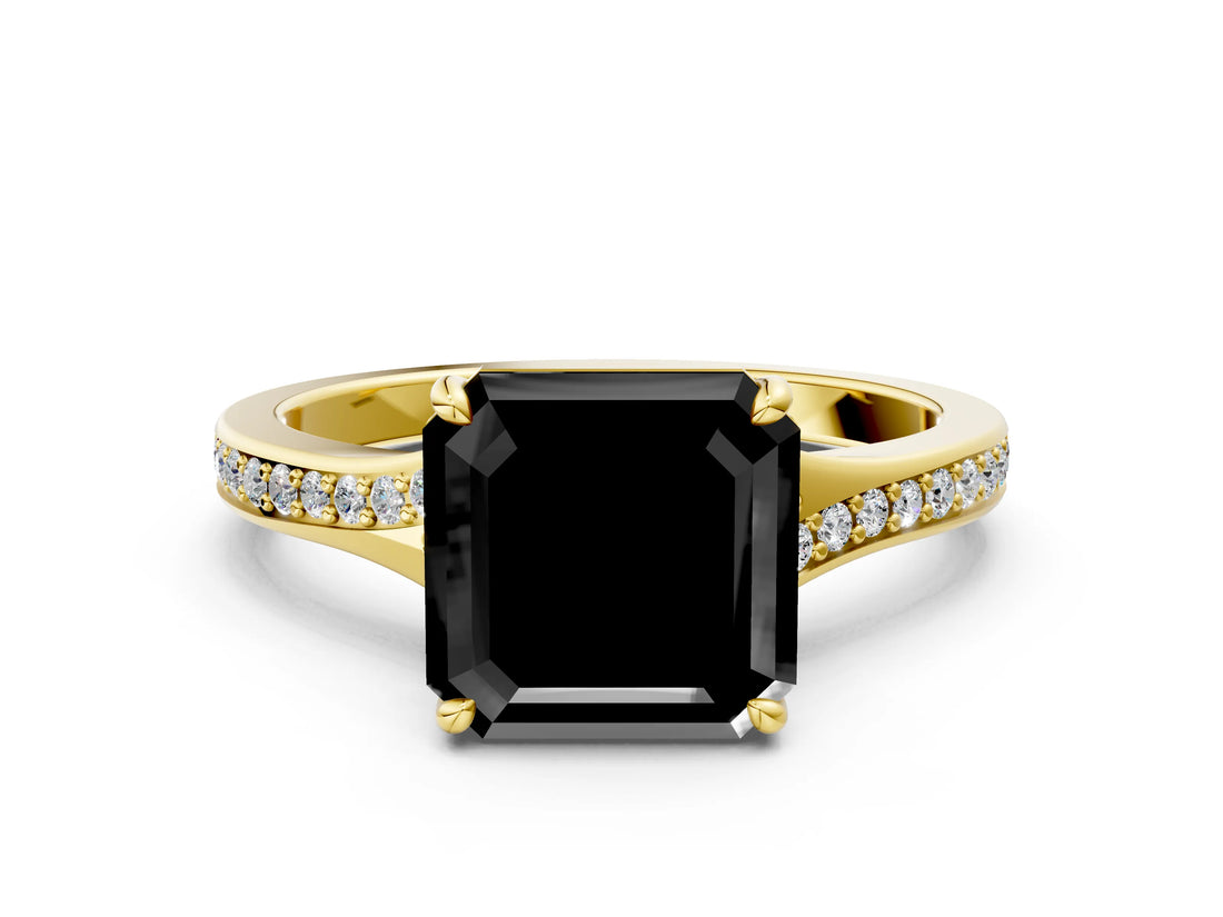 Yellow gold Fancy Black Asscher Cut Diamond Solitaire Ring with Pavé Band and Prong Setting_12