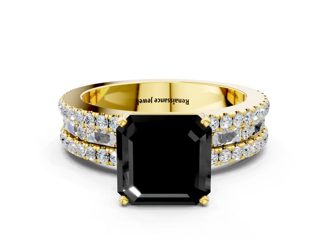 Yellow gold Fancy Black Asscher Cut Diamond Solitaire Ring with Pavé and Channel Set Band