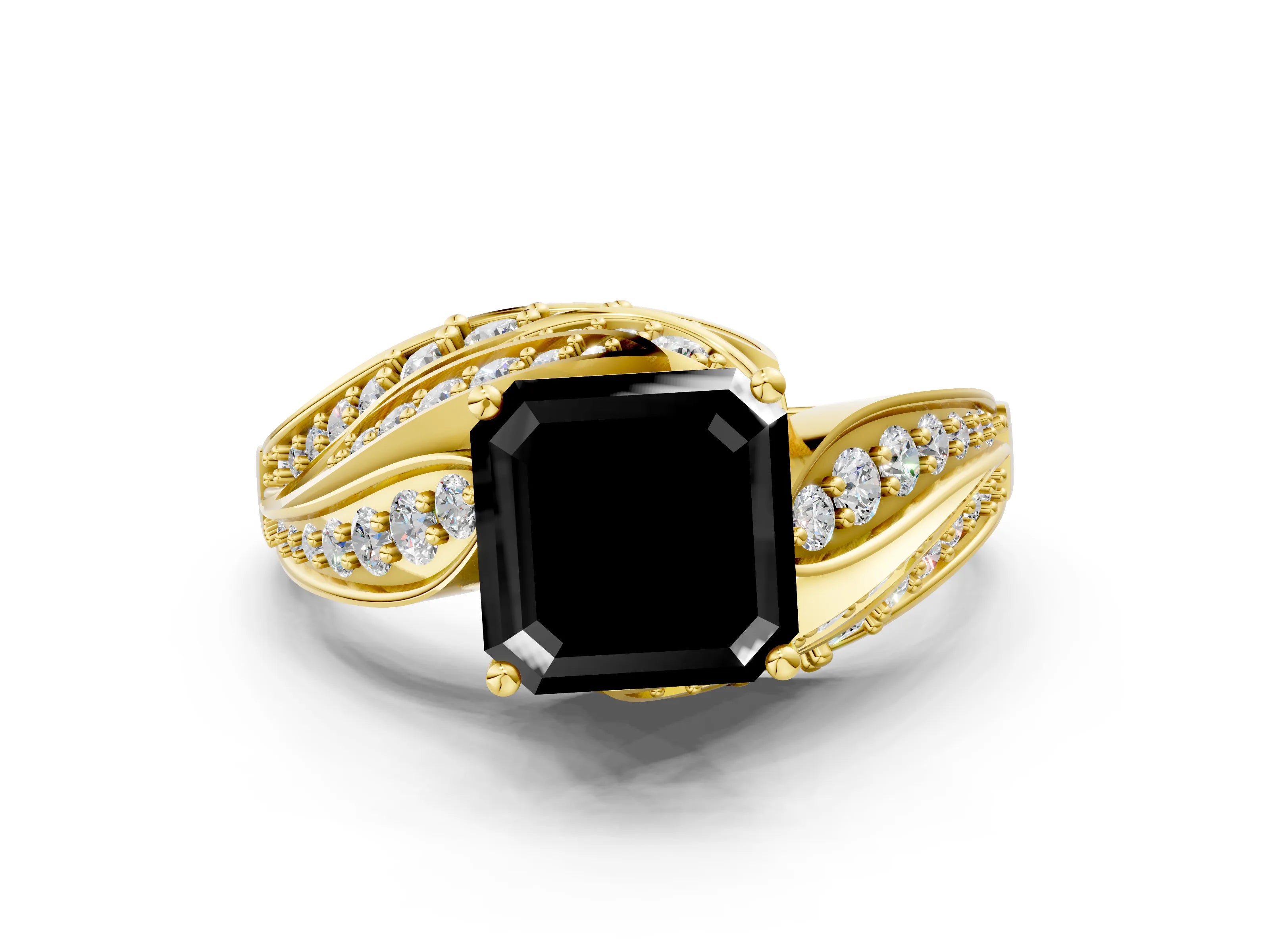 Yellow gold Fancy Black Asscher Cut Diamond Solitaire Ring with Prong Setting and Twisted Pavé Band
