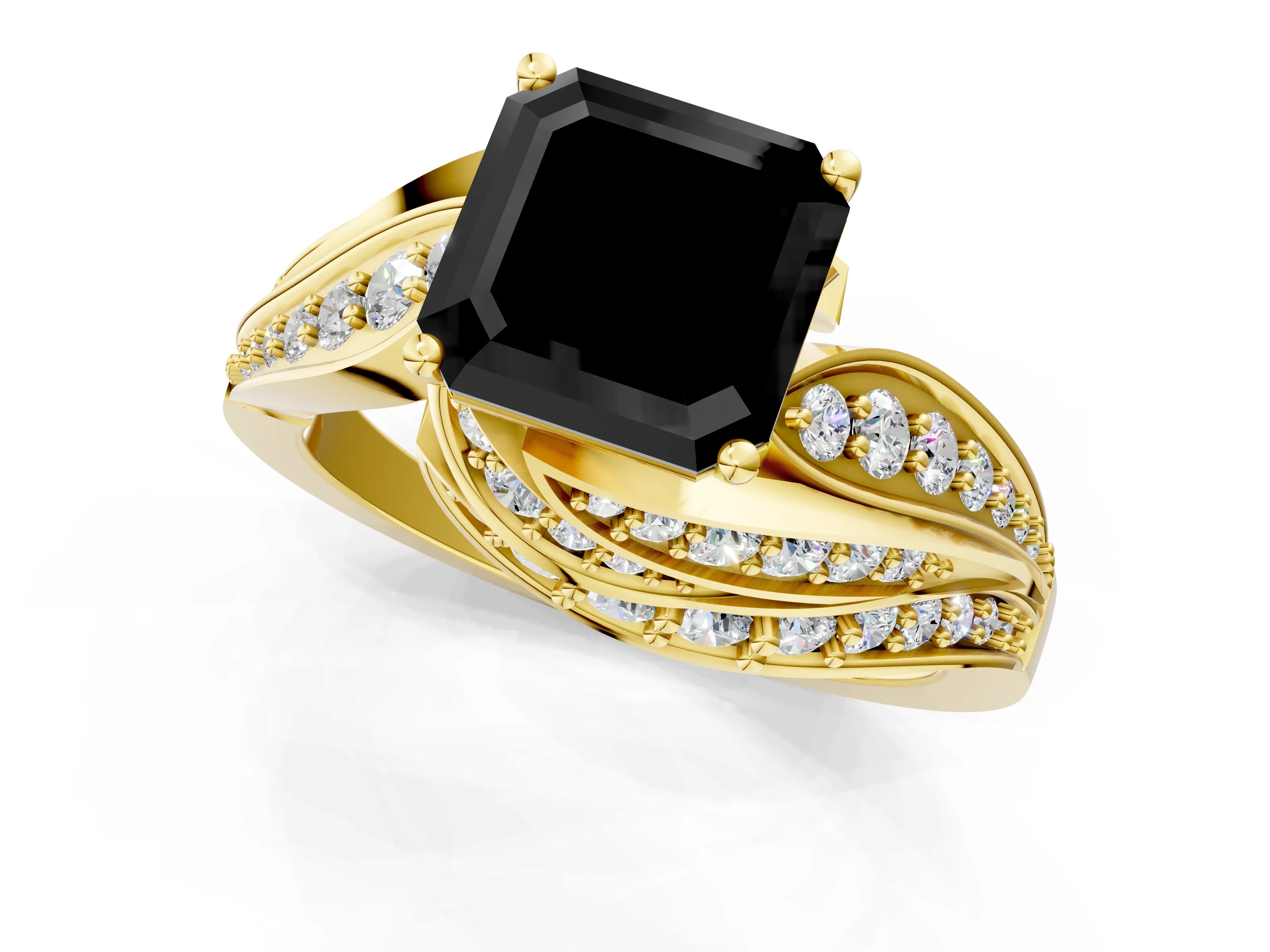 Yellow gold Fancy Black Asscher Cut Diamond Solitaire Ring with Prong Setting and Twisted Pavé Band_1