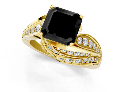 Yellow gold Fancy Black Asscher Cut Diamond Solitaire Ring with Prong Setting and Twisted Pavé Band_1