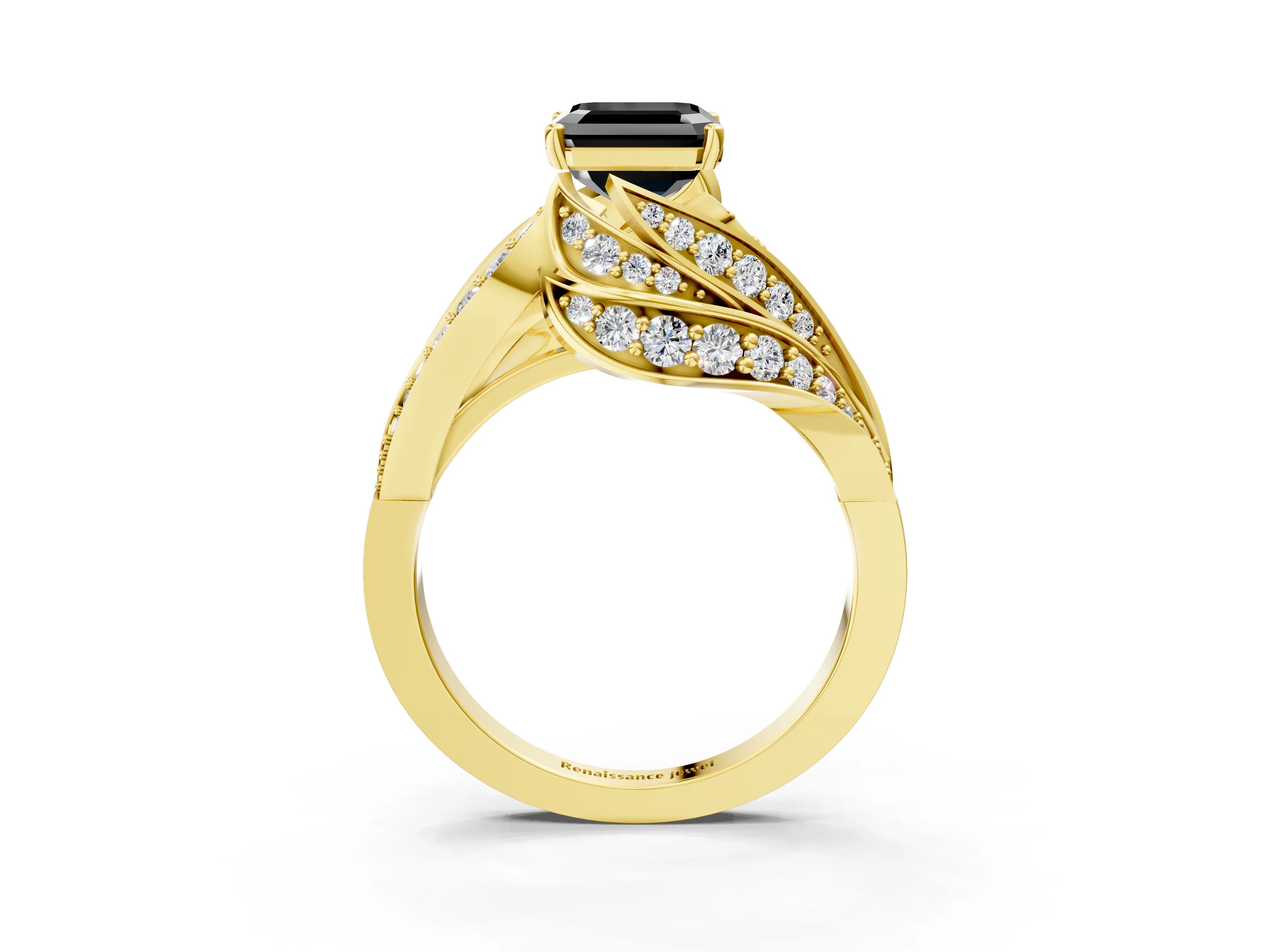 Yellow gold Fancy Black Asscher Cut Diamond Solitaire Ring with Prong Setting and Twisted Pavé Band_3