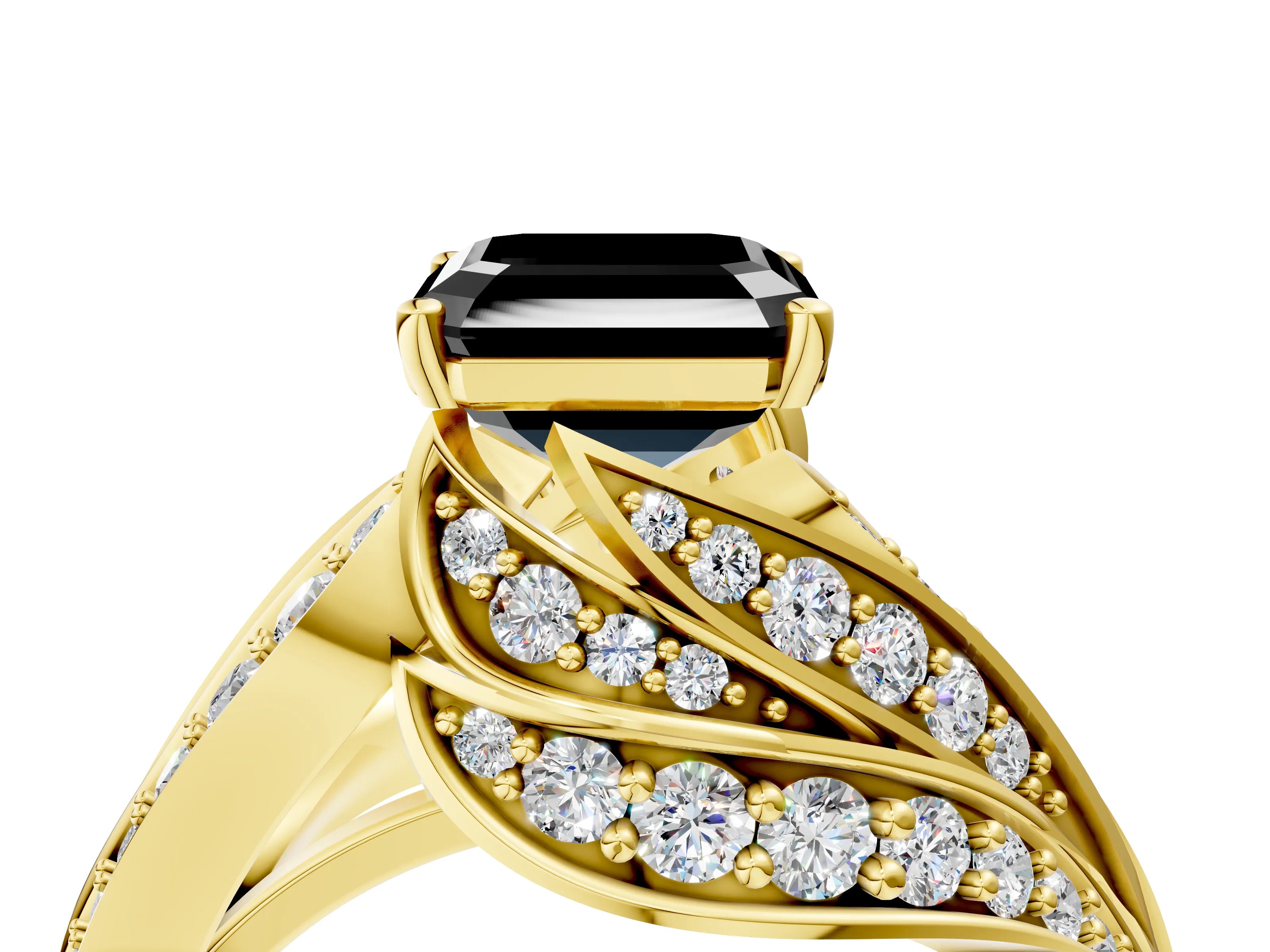 Yellow gold Fancy Black Asscher Cut Diamond Solitaire Ring with Prong Setting and Twisted Pavé Band_4