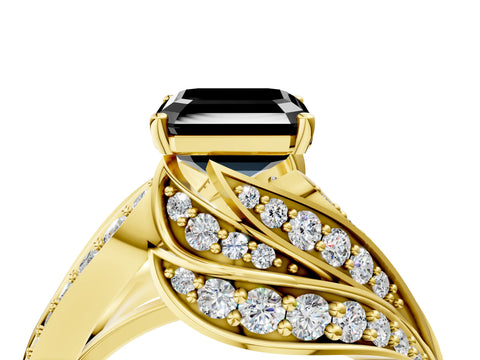 Yellow gold Fancy Black Asscher Cut Diamond Solitaire Ring with Prong Setting and Twisted Pavé Band_4