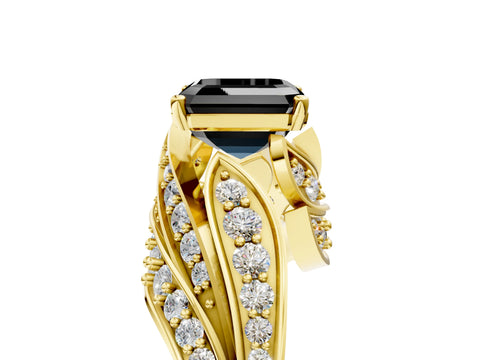 Yellow gold Fancy Black Asscher Cut Diamond Solitaire Ring with Prong Setting and Twisted Pavé Band_5