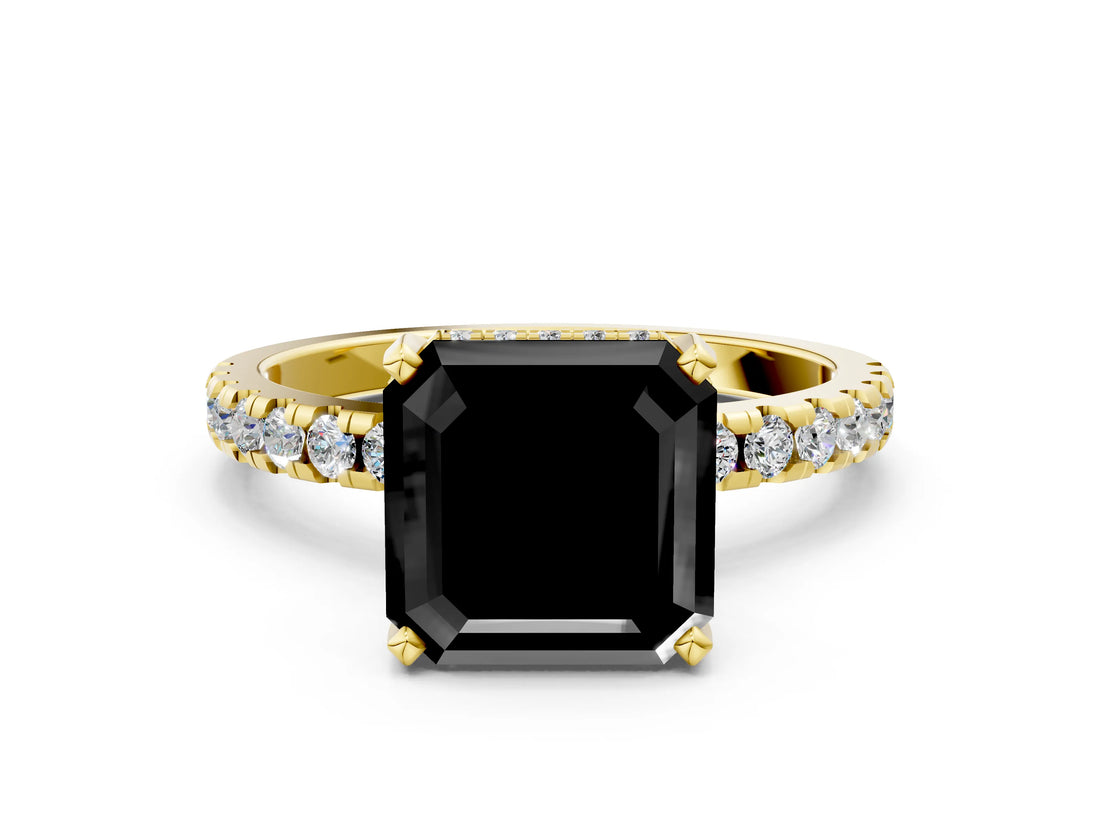 Yellow gold Fancy Black Asscher Cut Diamond Solitaire Ring with Round  Pavé Band and Four-Prong Setting_36