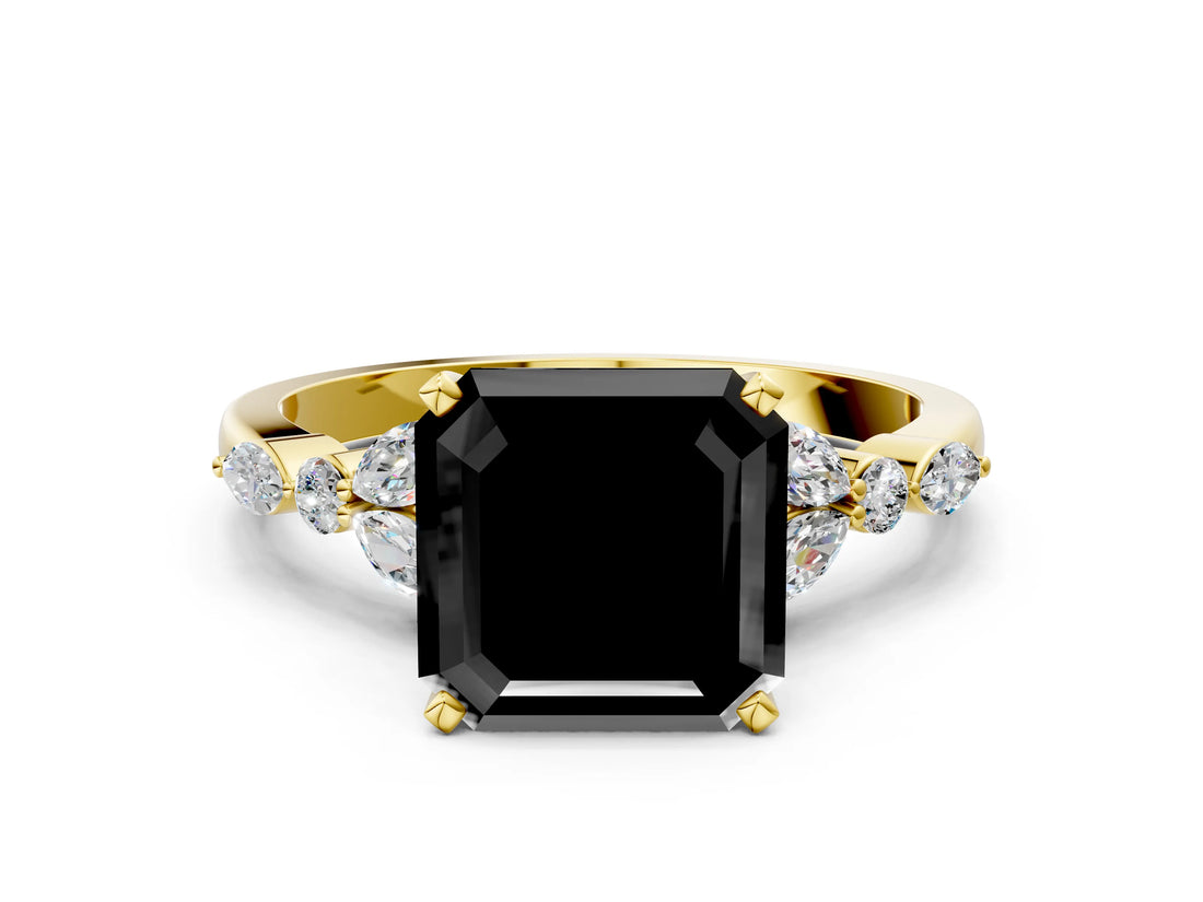 Yellow gold Fancy Black Asscher Cut Diamond Solitaire Ring with Side Stones and Four-Prong Setting_12