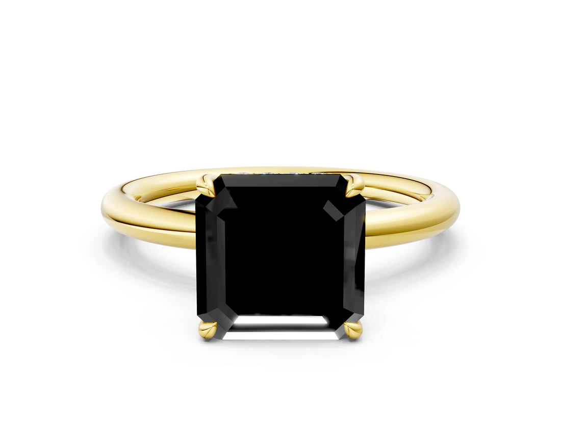 Yellow gold Fancy Black Asscher Cut Diamond Solitaire Ring with Thin Band and Four-Prong Setting