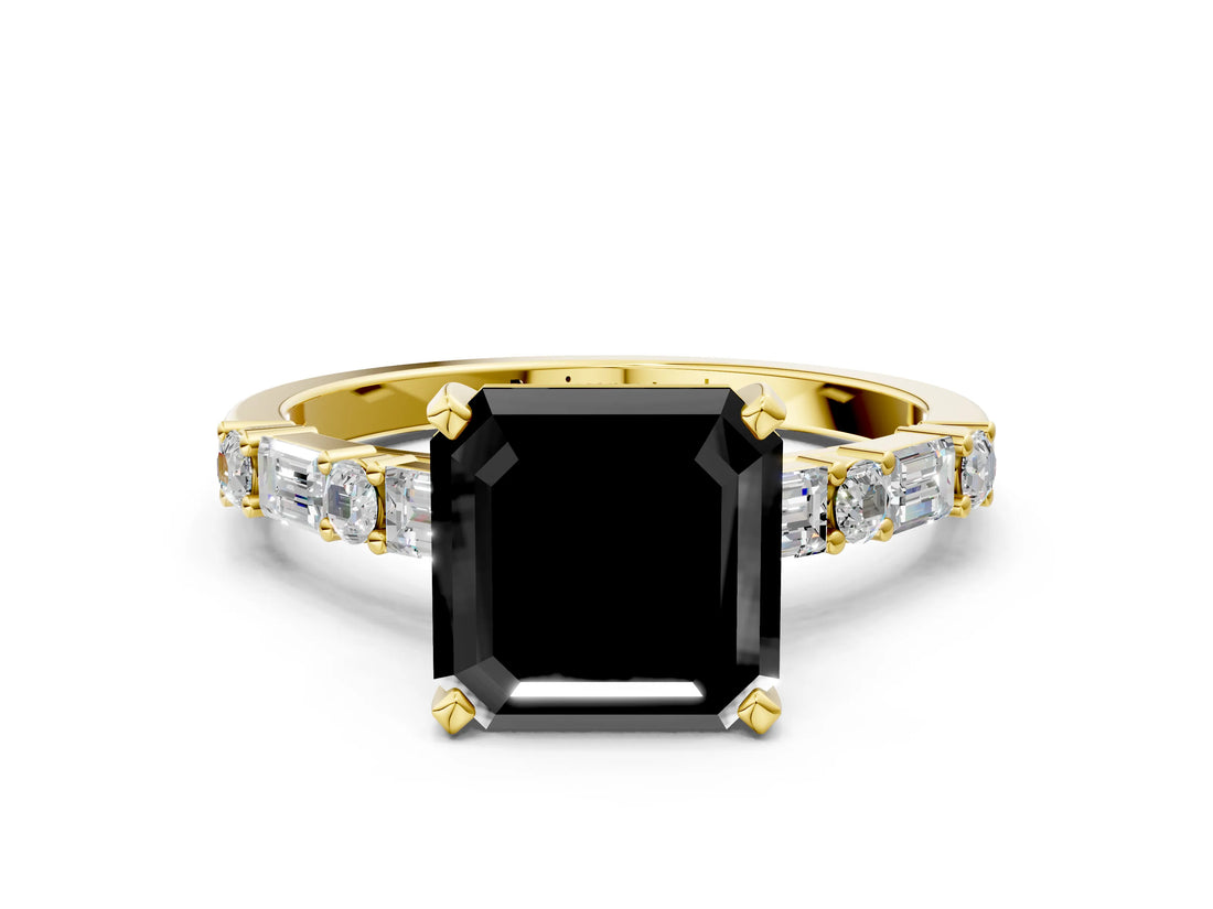 Yellow gold Fancy Black Asscher Cut Diamond Solitaire with Side Baguettes and Channel Set Band