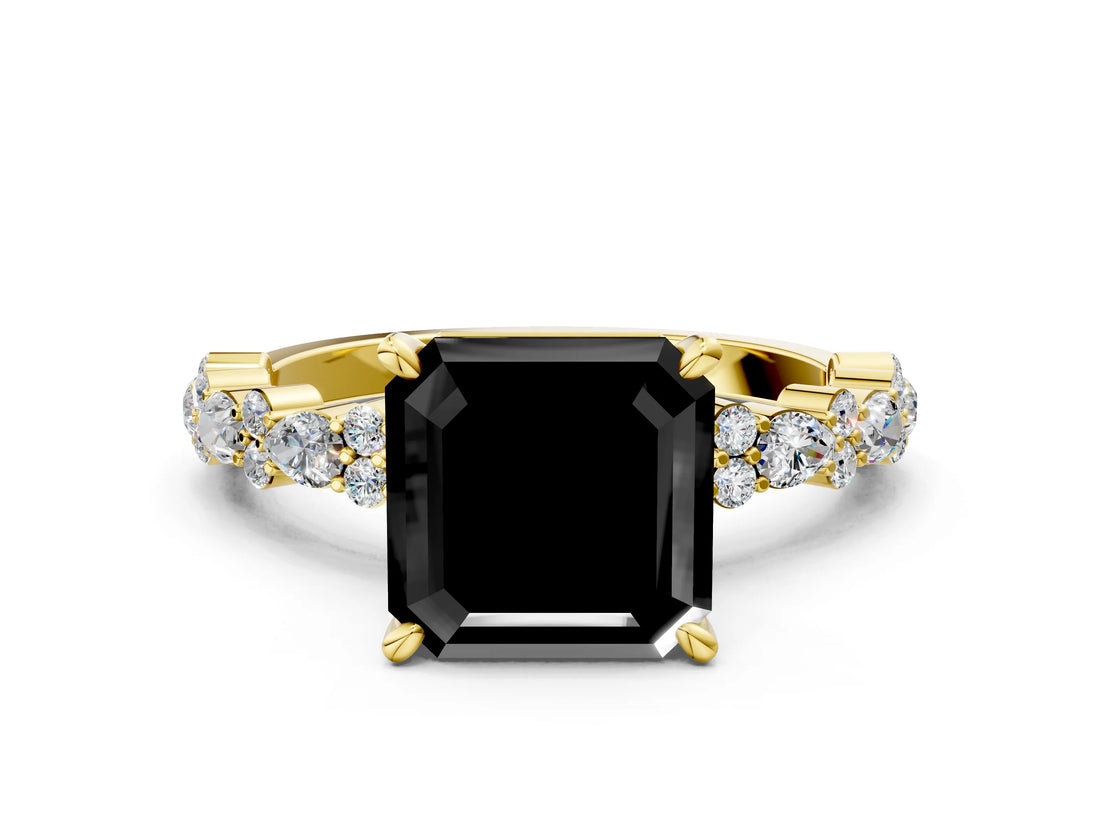 Yellow gold Fancy Black Asscher Cut Diamond Solitaire with Side Stones, Pave Band, Four-Prong Setting_36