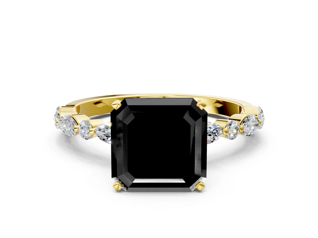 Yellow gold Fancy Black Asscher Cut Diamond Solitaire with Side Stones on a Pavé Band and Four-Prong Setting