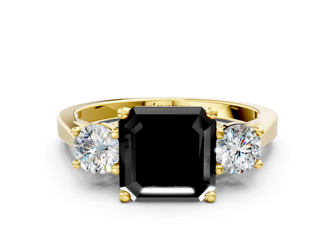 Yellow gold Fancy Black Asscher Cut Diamond Three-Stone Engagement Ring with Prong Setting and Pavé Band