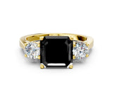 Yellow gold Fancy Black Asscher Cut Diamond Three-Stone Engagement Ring with Prong Setting and Pavé Band