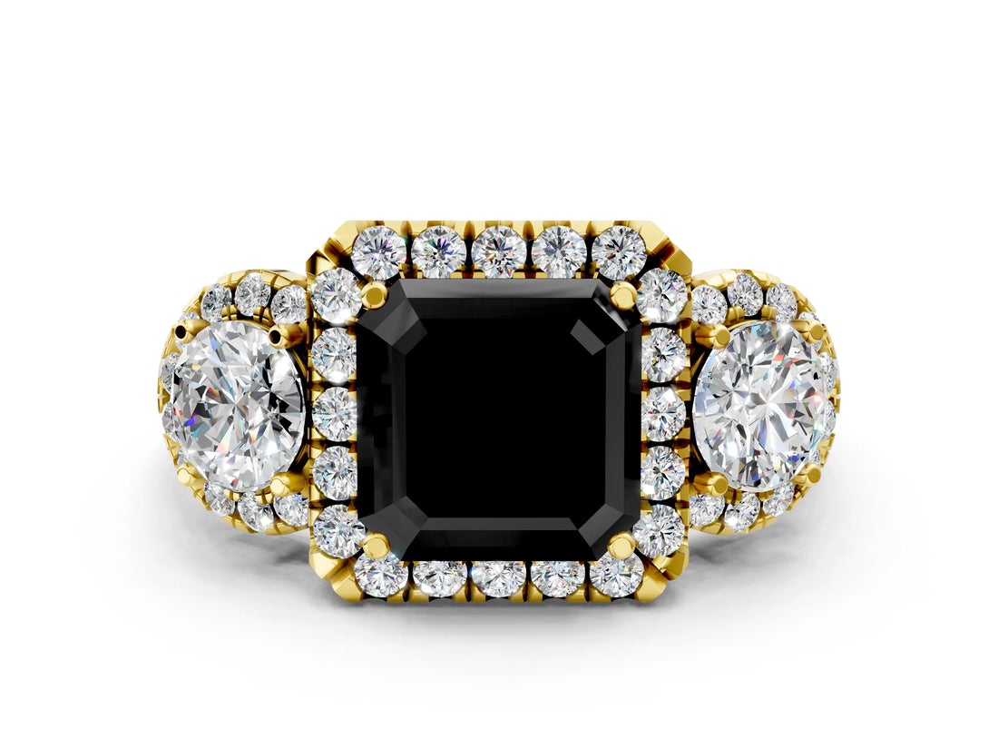Yellow gold Fancy Black Asscher Cut Diamond Three-Stone Halo Ring with Prong Setting and Pavé Accents