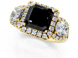 Yellow gold Fancy Black Asscher Cut Diamond Three-Stone Halo Ring with Prong Setting and Pavé Accents_1