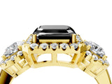 Yellow gold Fancy Black Asscher Cut Diamond Three-Stone Halo Ring with Prong Setting and Pavé Accents_4