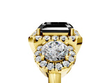 Yellow gold Fancy Black Asscher Cut Diamond Three-Stone Halo Ring with Prong Setting and Pavé Accents_5