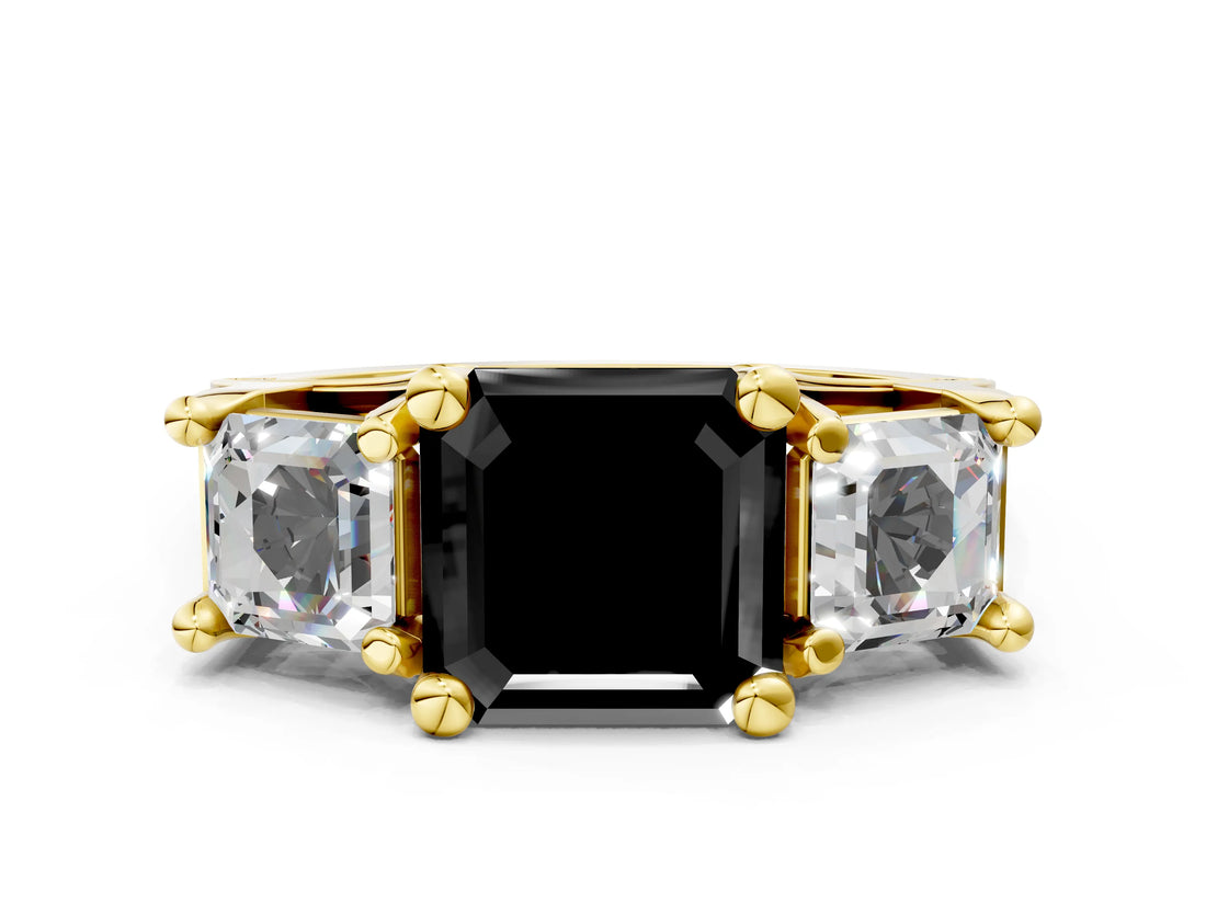 Yellow gold Fancy Black Asscher Cut Diamond Three-Stone Ring with Channel Set Band and Four-Prong Setting_36