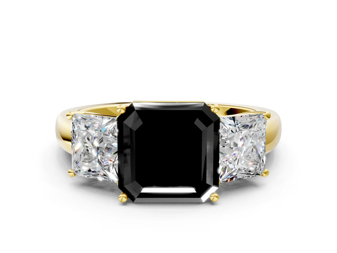 Yellow gold Fancy Black Asscher Cut Diamond Three-Stone Ring with Four-Prong Setting and Classic Band