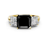 Yellow gold Fancy Black Asscher Cut Diamond Three-Stone Ring with Four-Prong Setting and Classic Band