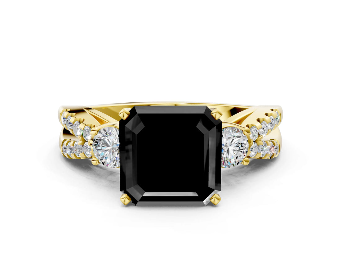 Yellow gold Fancy Black Asscher Cut Diamond Three-Stone Ring with Pavé Split Shank and Four-Prong Setting