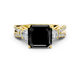 Yellow gold Fancy Black Asscher Cut Diamond Three-Stone Ring with Pavé Split Shank and Four-Prong Setting