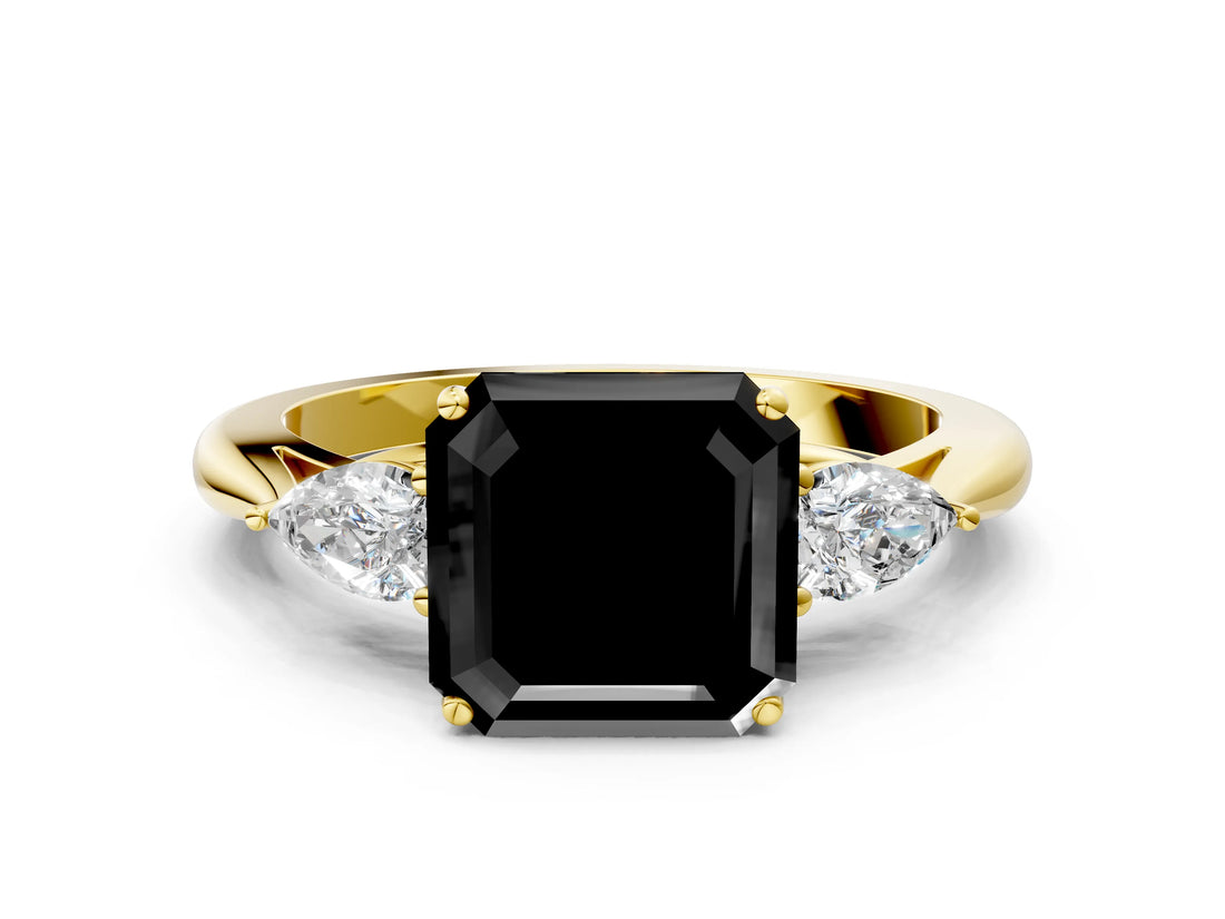 Yellow gold Fancy Black Asscher Cut Diamond Three-Stone Ring with Pear Side Stones and Four-Prong Setting_24