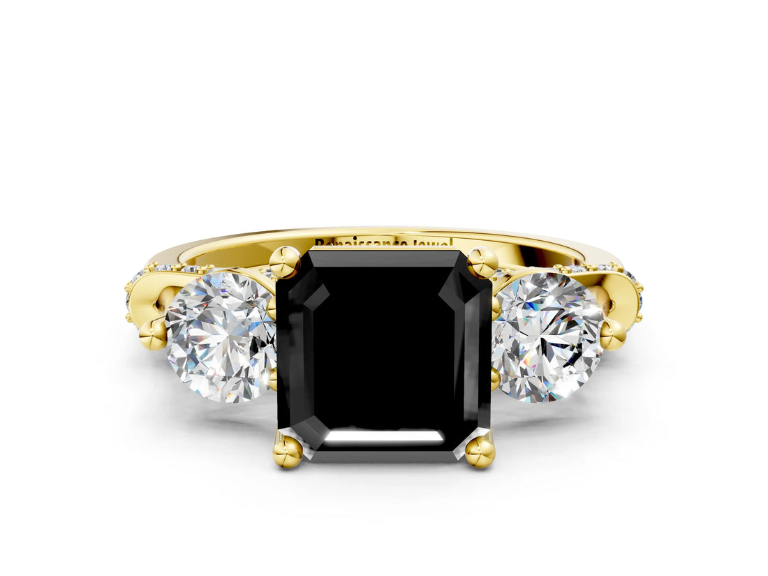 Yellow gold Fancy Black Asscher Cut Diamond Three-Stone Ring with Prong Setting and Pavé Band