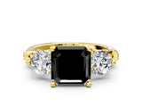 Yellow gold Fancy Black Asscher Cut Diamond Three-Stone Ring with Prong Setting and Pavé Band