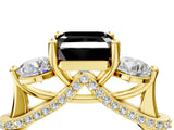 Yellow gold Fancy Black Asscher Cut Diamond Three-Stone Ring with Prong Setting and Pavé Band_4