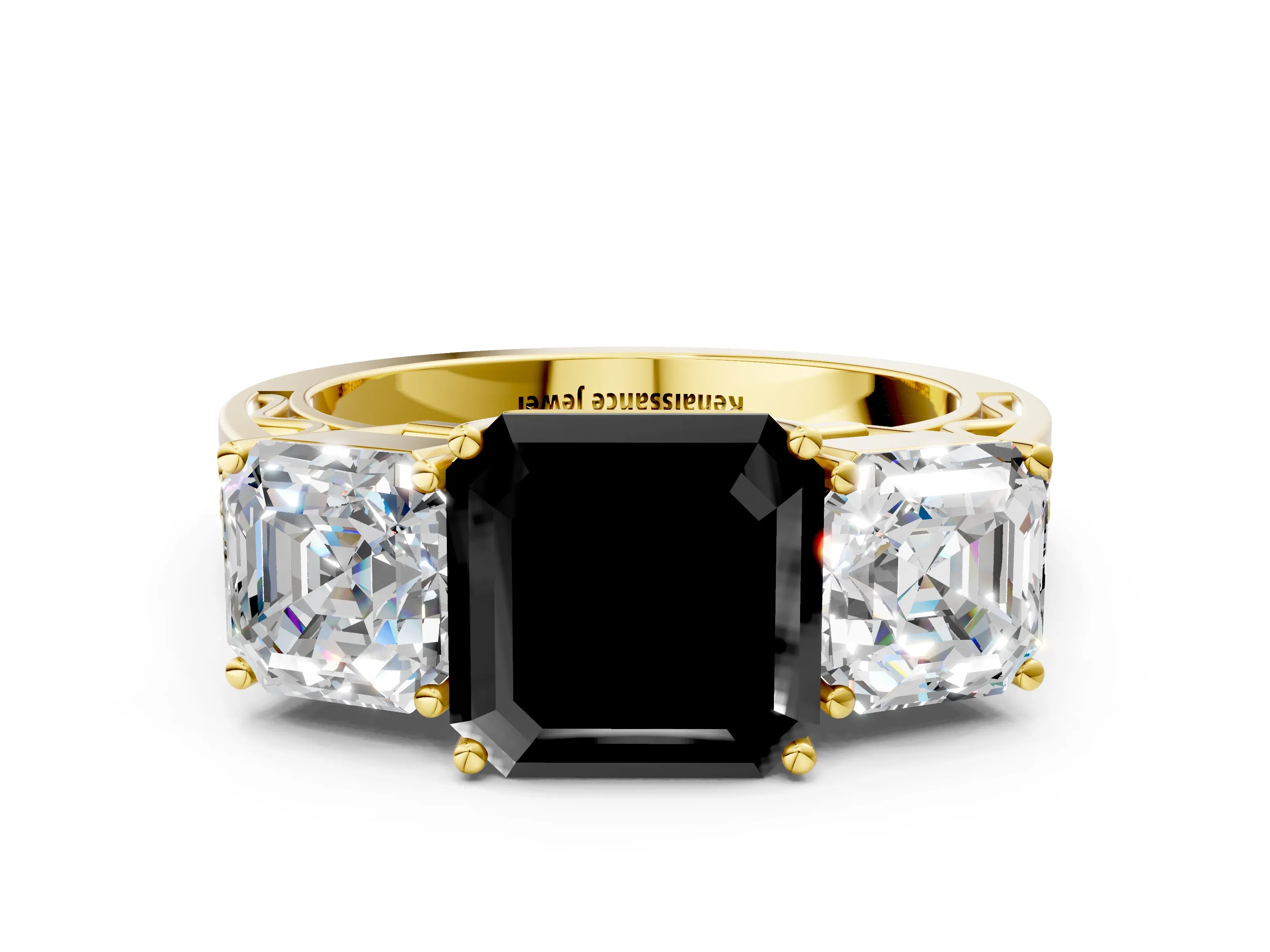 Yellow gold Fancy Black Asscher Cut Diamond Three-Stone Ring with Prong Setting and Textured Band