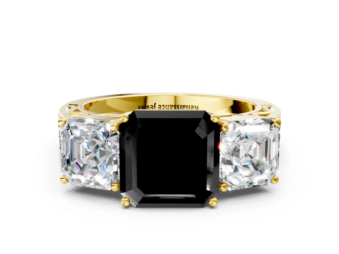 Yellow gold Fancy Black Asscher Cut Diamond Three-Stone Ring with Prong Setting and Textured Band