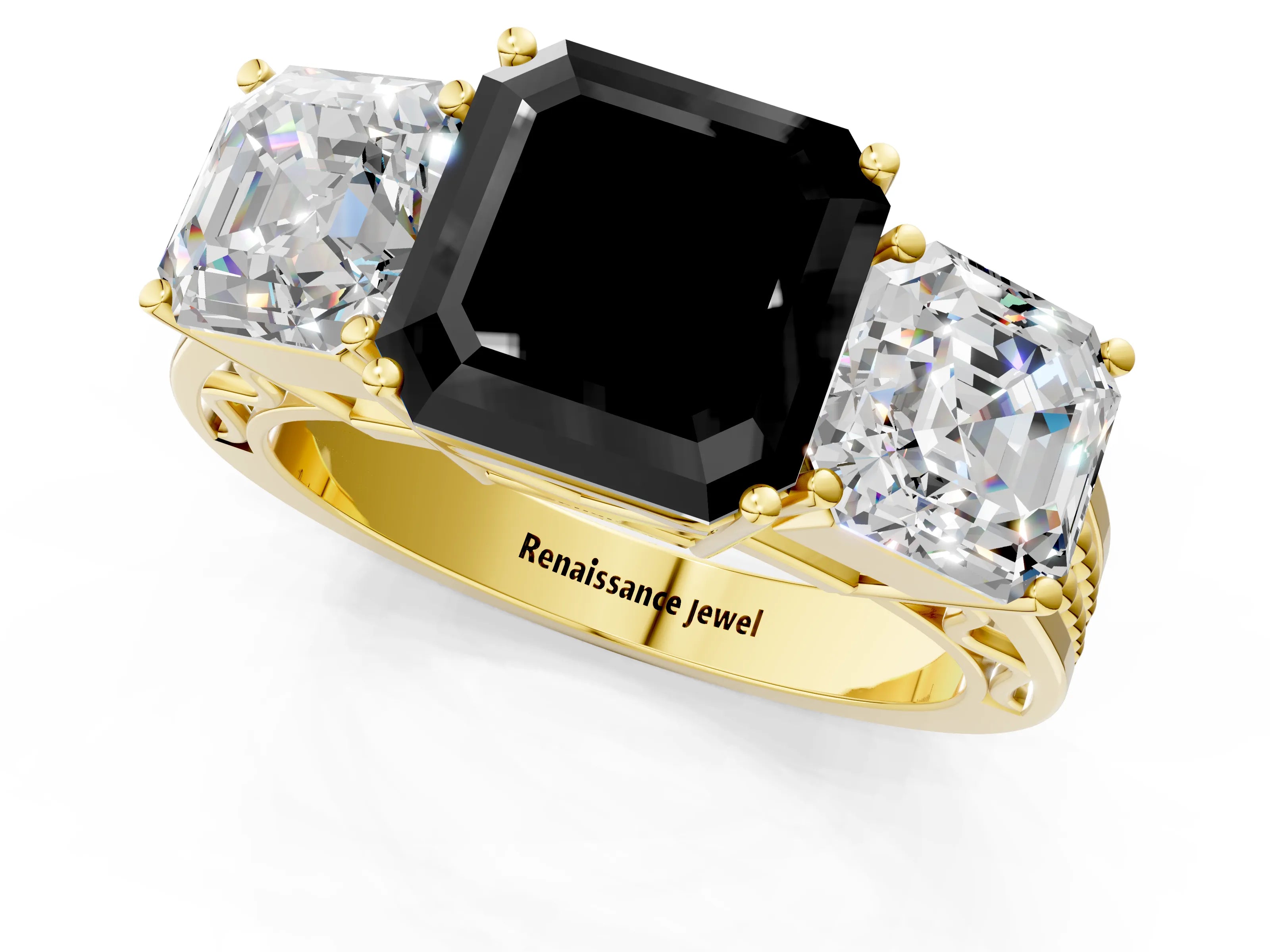 Yellow gold Fancy Black Asscher Cut Diamond Three-Stone Ring with Prong Setting and Textured Band_1
