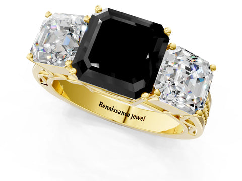 Yellow gold Fancy Black Asscher Cut Diamond Three-Stone Ring with Prong Setting and Textured Band_1