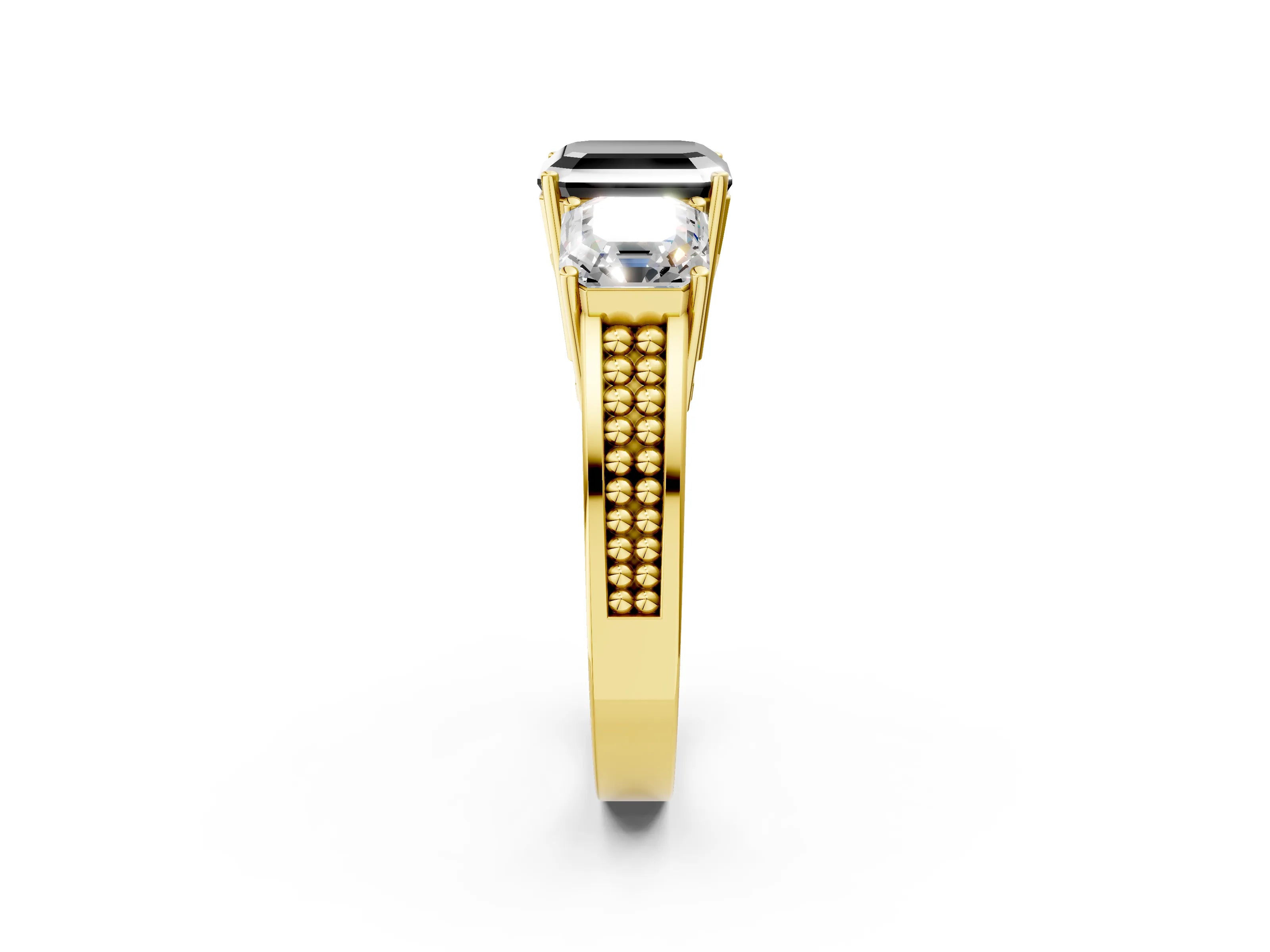 Yellow gold Fancy Black Asscher Cut Diamond Three-Stone Ring with Prong Setting and Textured Band_2