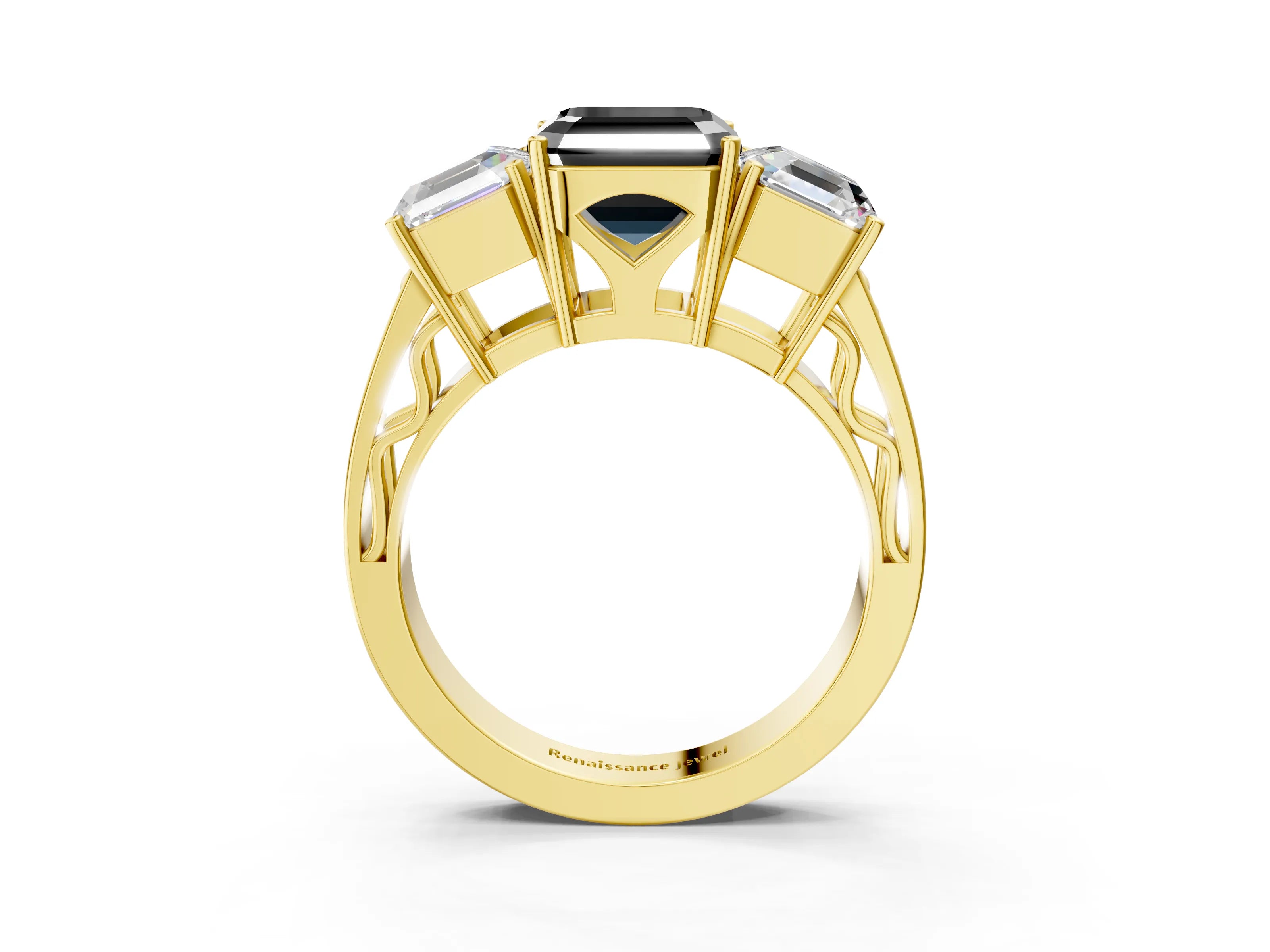 Yellow gold Fancy Black Asscher Cut Diamond Three-Stone Ring with Prong Setting and Textured Band_3