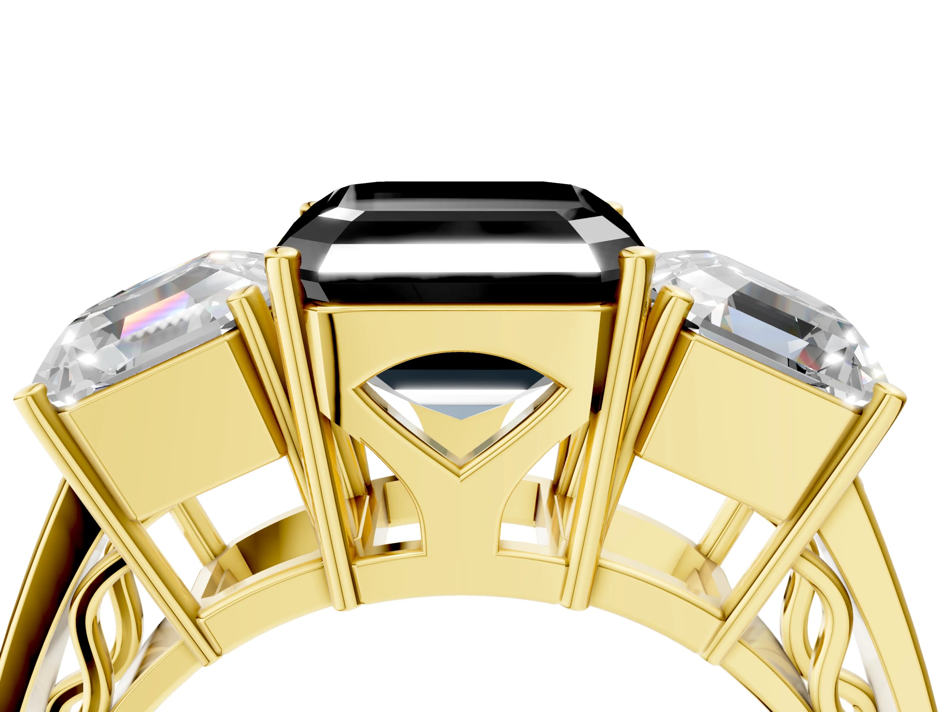 Yellow gold Fancy Black Asscher Cut Diamond Three-Stone Ring with Prong Setting and Textured Band_4