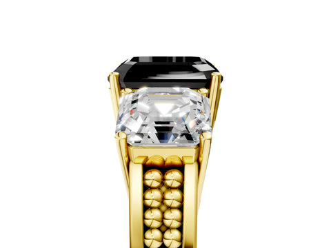 Yellow gold Fancy Black Asscher Cut Diamond Three-Stone Ring with Prong Setting and Textured Band_5
