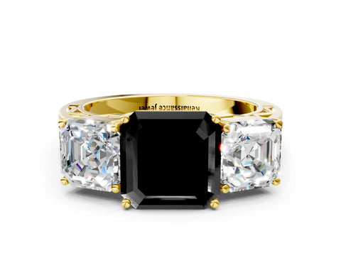 Yellow gold Fancy Black Asscher Cut Diamond Three-Stone Ring with Prong Setting and Textured Band