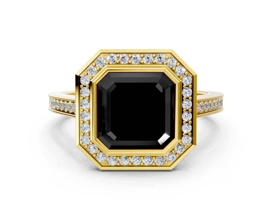 Yellow gold Fancy Black Asscher Cut Halo Bezel Diamond Pave Band Ring
