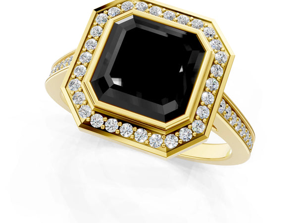 Yellow gold Fancy Black Asscher Cut Halo Bezel Diamond Pave Band Ring