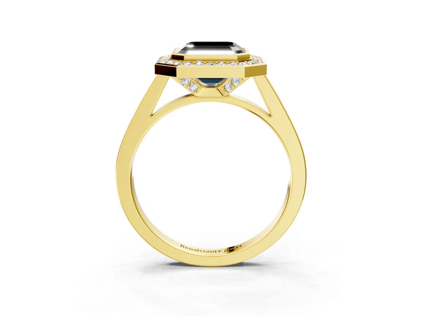 Yellow gold Fancy Black Asscher Cut Halo Bezel Diamond Pave Band Ring