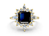 Yellow gold Fancy Black Asscher Cut Halo Diamond Cluster Ring with Marquise and Round Stones on a White Gold Band with Prong Setting
