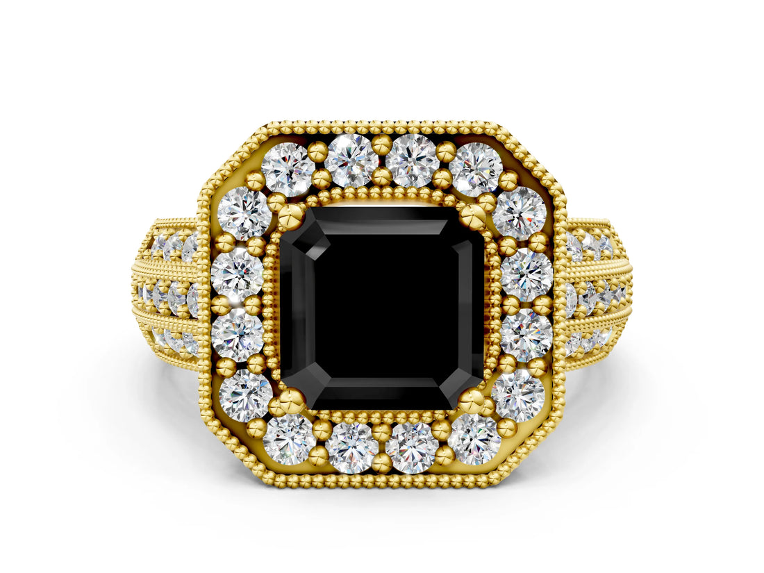 Yellow gold Fancy Black Asscher Cut Halo Diamond Engagement Ring with Pave Split Shank and Four-Prong Setting_12