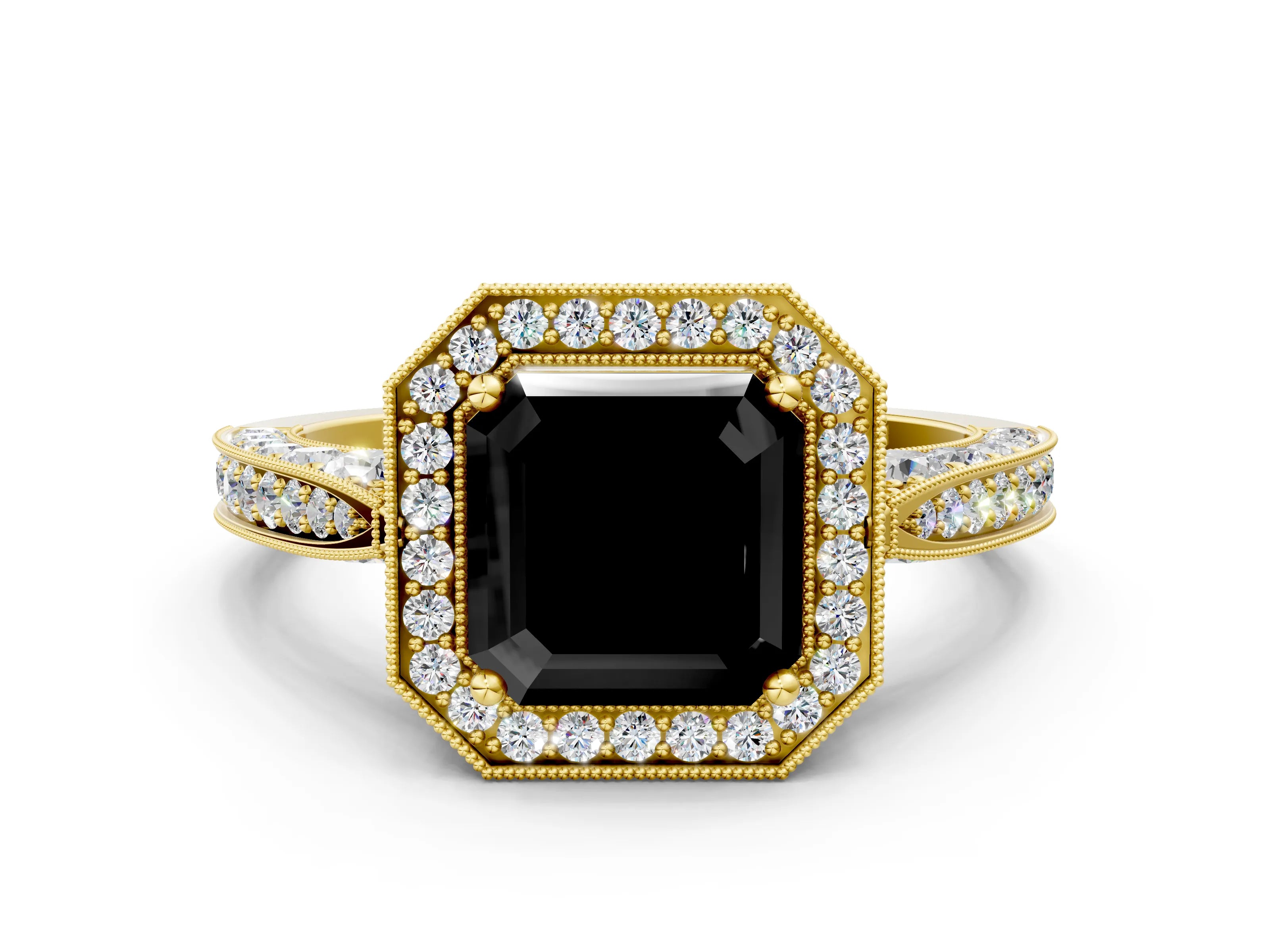 Yellow gold Fancy Black Asscher Cut Halo Diamond Engagement Ring with Split Shank Band and Four-Prong Setting